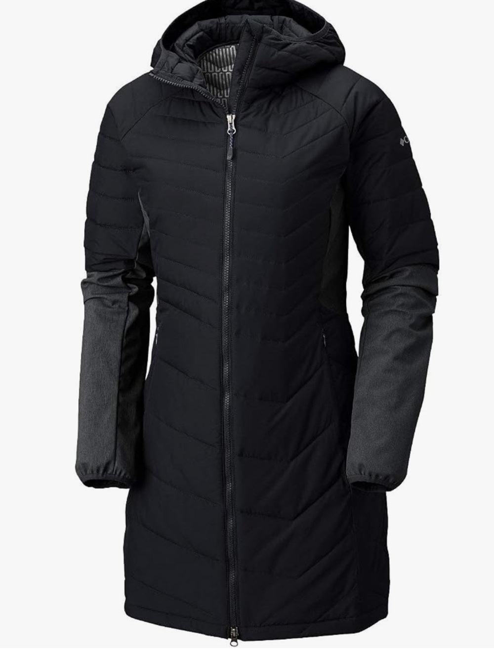 Columbia Women's Black Hooded Long Puffer with Dark Gray Sleeve Panels